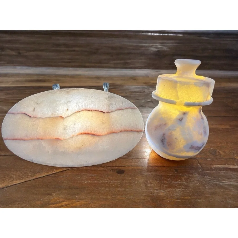 Egyptian Alabaster/marble Onyx Stone Vase Lid And Serving Tray VTG Collectible